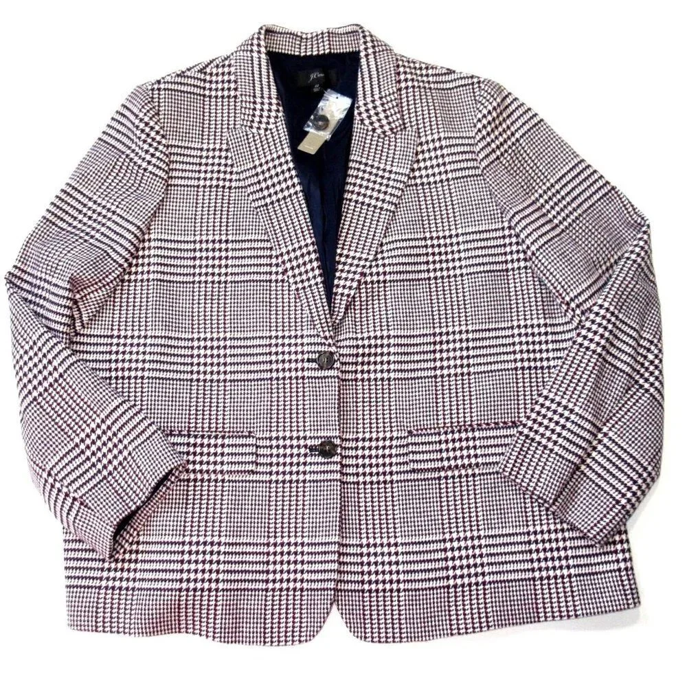 NWT J.Crew Boyfriend Blazer in Ivory Burgundy Shadow Houndstooth Wool Jacket 22